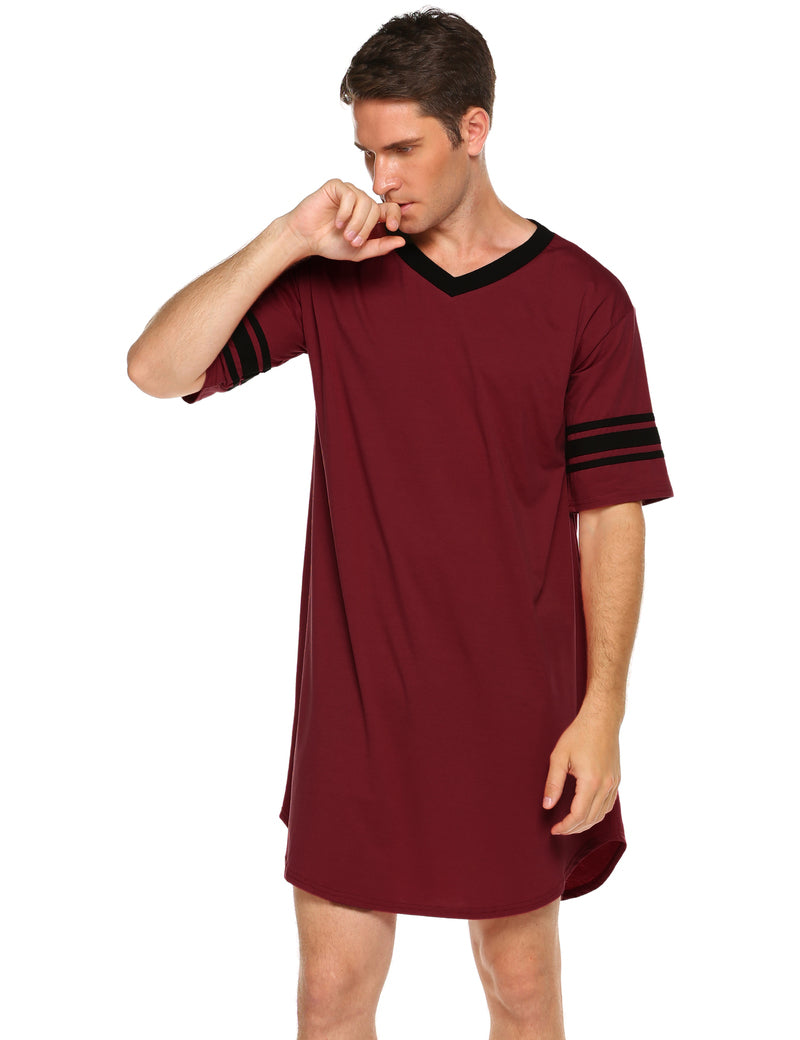 Men's V-neck short-sleeve sleep shirt, wine red with black trim and striped sleeve cuffs