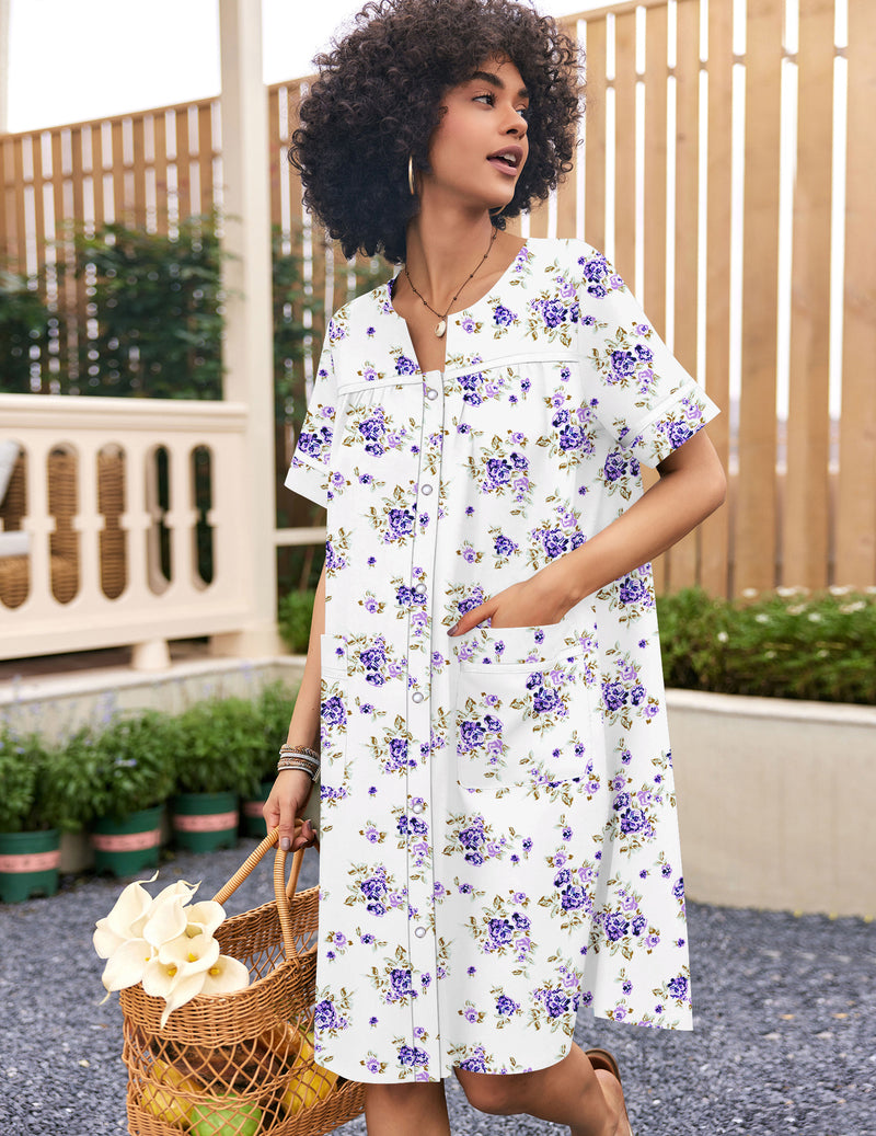 White and purple floral snap-front short-sleeve cotton house coat with chest pocket detail