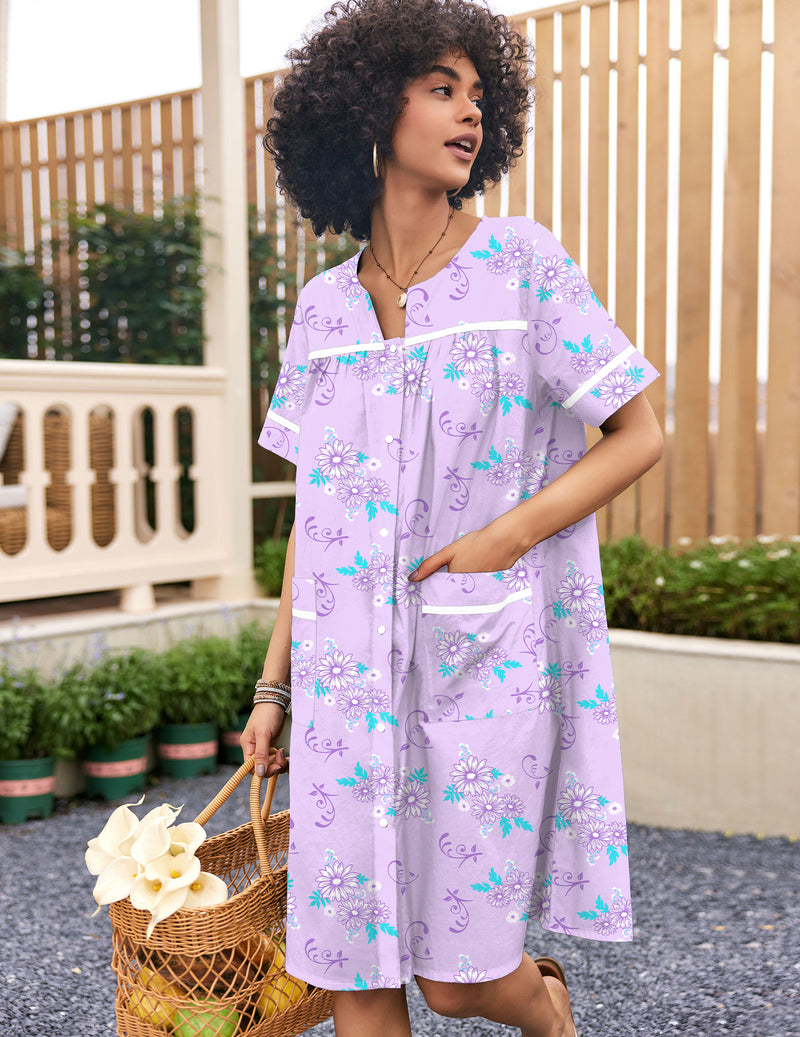 Lavender and teal floral snap-front short-sleeve cotton house coat with chest pocket