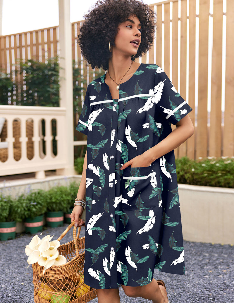 Navy leaf-and-bird print snap-front short-sleeve cotton house coat with chest pocket
