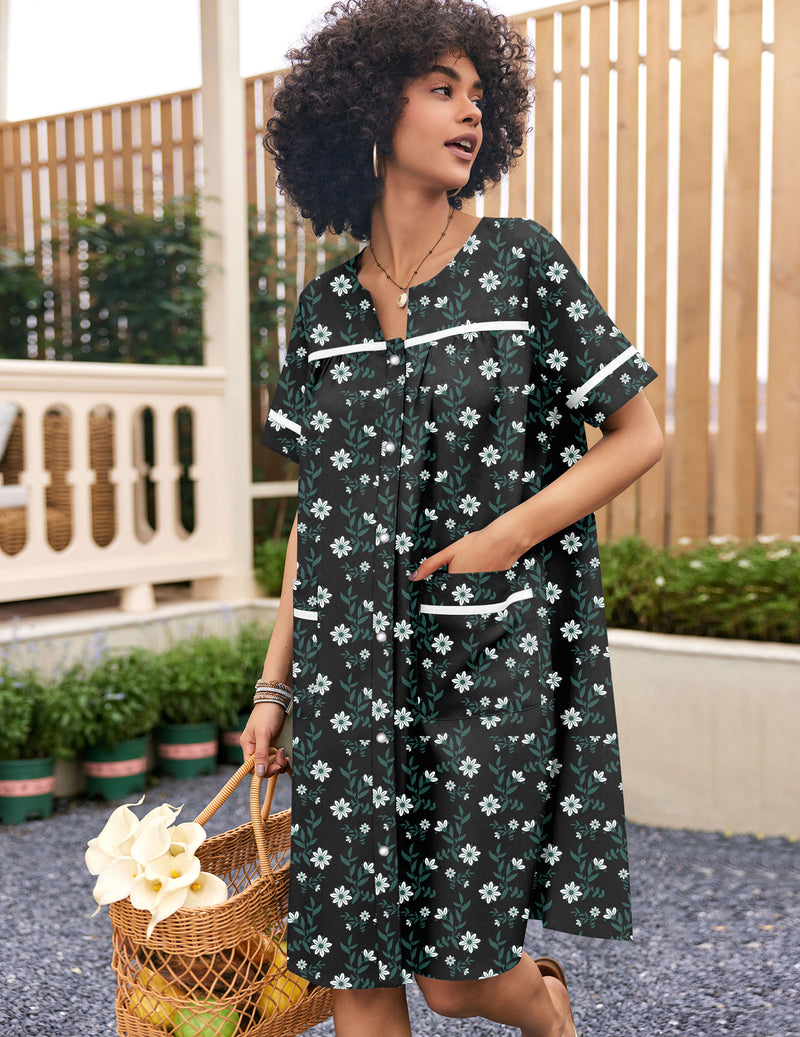 Black daisy floral snap-front short-sleeve cotton house coat with chest pocket and piping