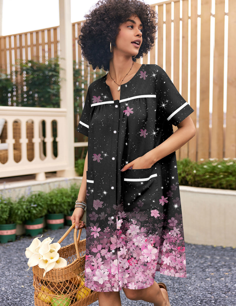 Cotton snap-front house coat in dark floral print with pink blossoms, short sleeves