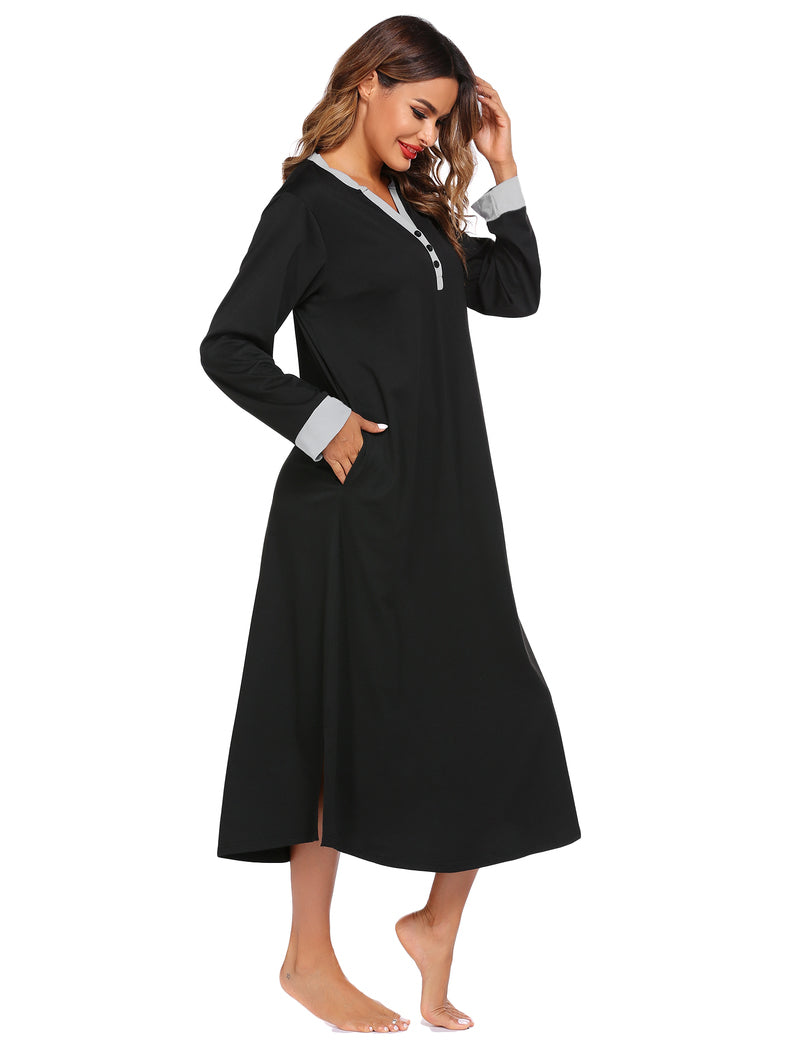 Button  v neck Full Length Sleepshirt Nightgown with Pockets
