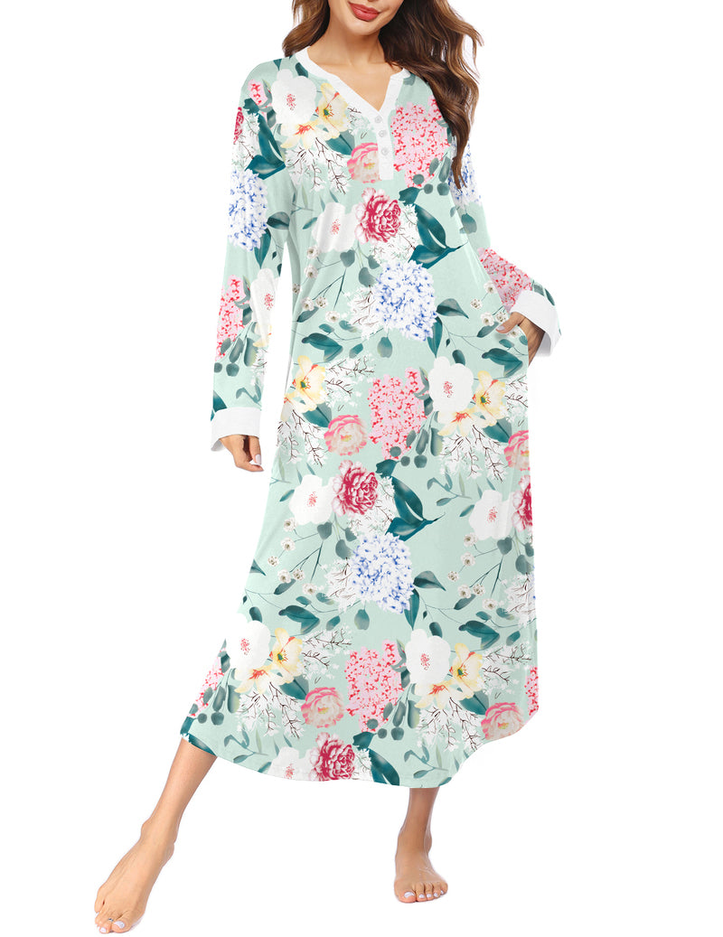 Button V Neck Nightshirt Full Length Sleepshirt with Pockets