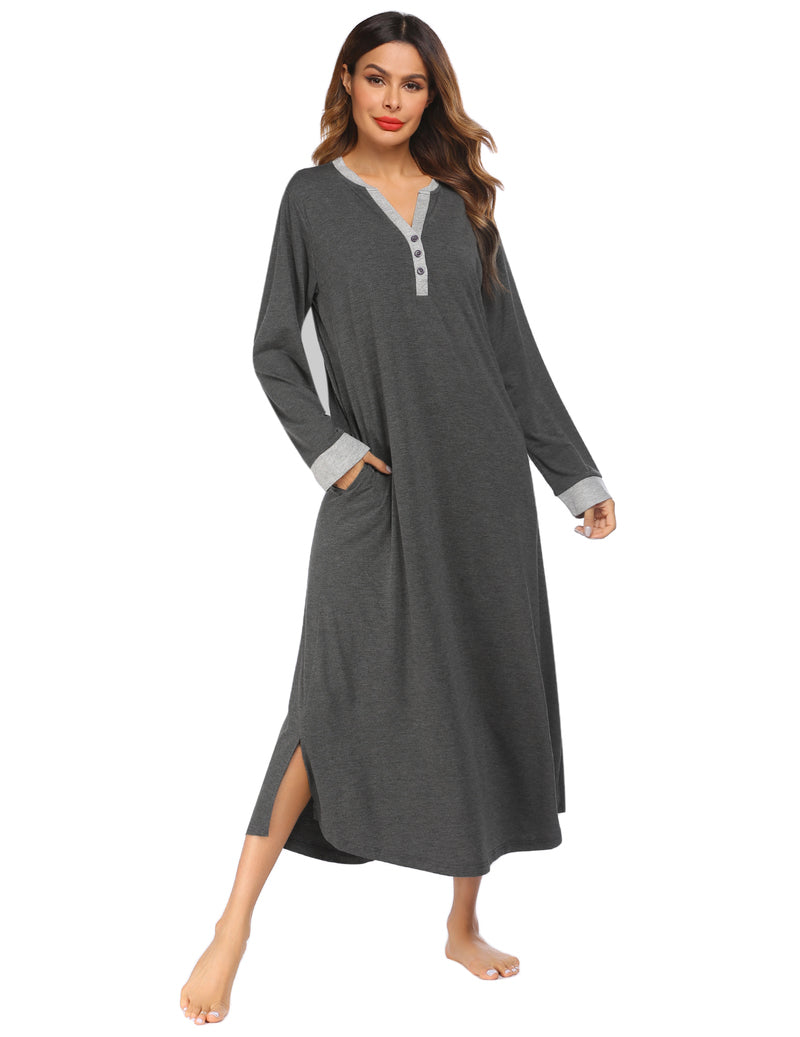 Button  v neck Full Length Sleepshirt Nightgown with Pockets