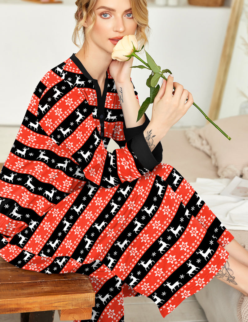 Button V Neck Nightshirt Full Length Sleepshirt with Pockets