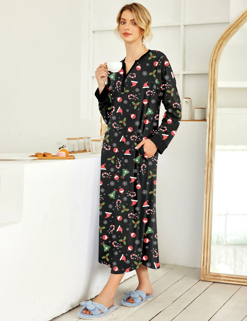 Button V Neck Nightshirt Full Length Sleepshirt with Pockets
