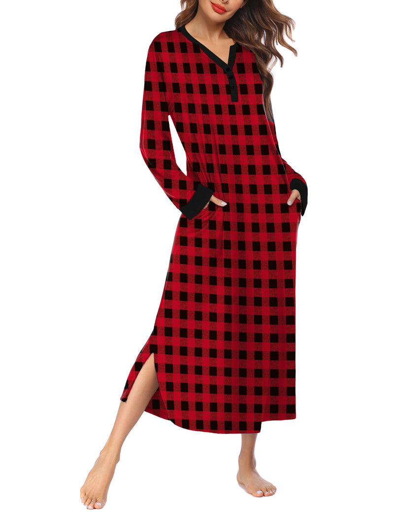 Button V Neck Nightshirt Full Length Sleepshirt with Pockets