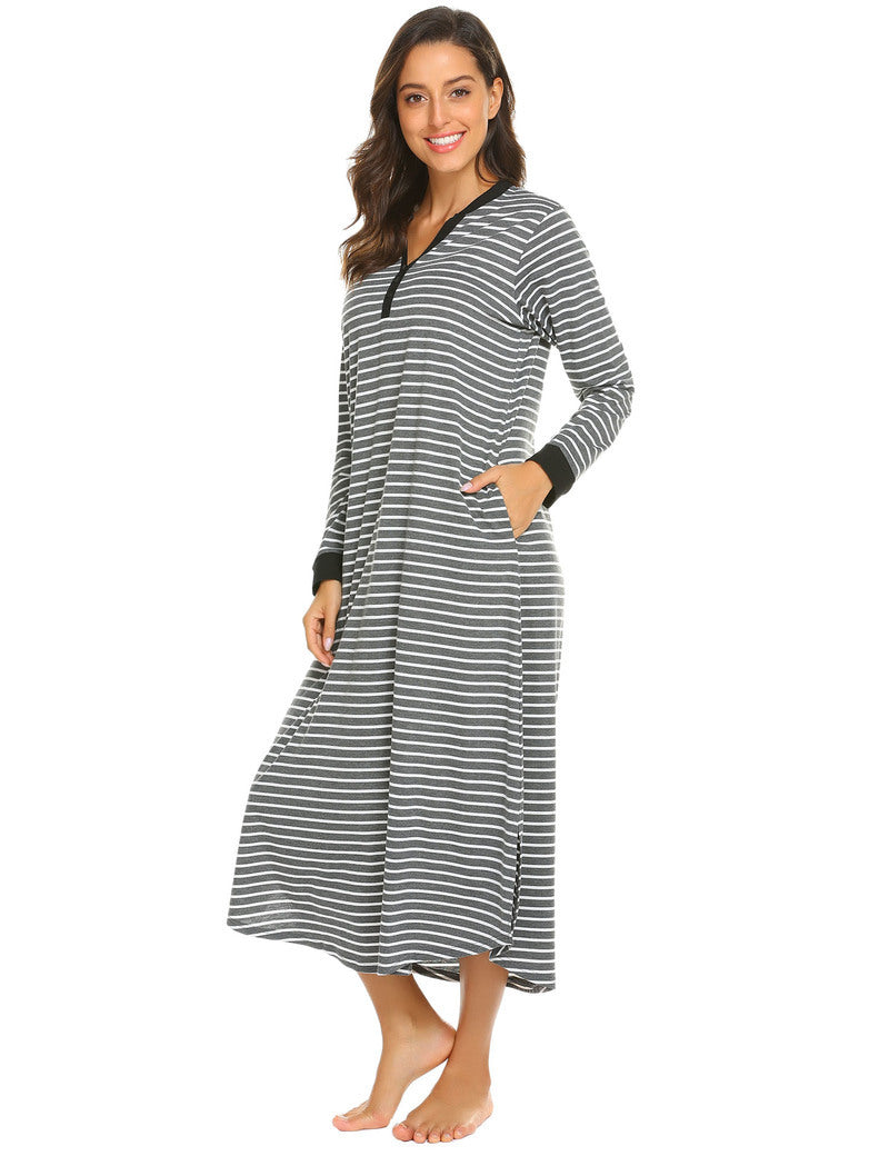 Button  v neck Full Length Sleepshirt Nightgown with Pockets