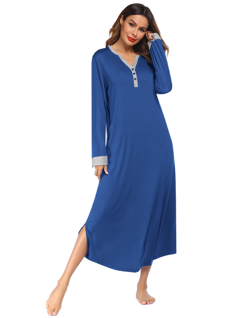 Button  v neck Full Length Sleepshirt Nightgown with Pockets