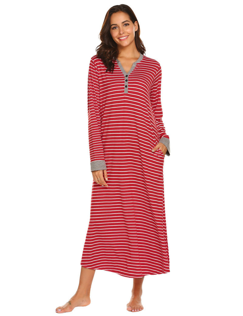 Button  v neck Full Length Sleepshirt Nightgown with Pockets