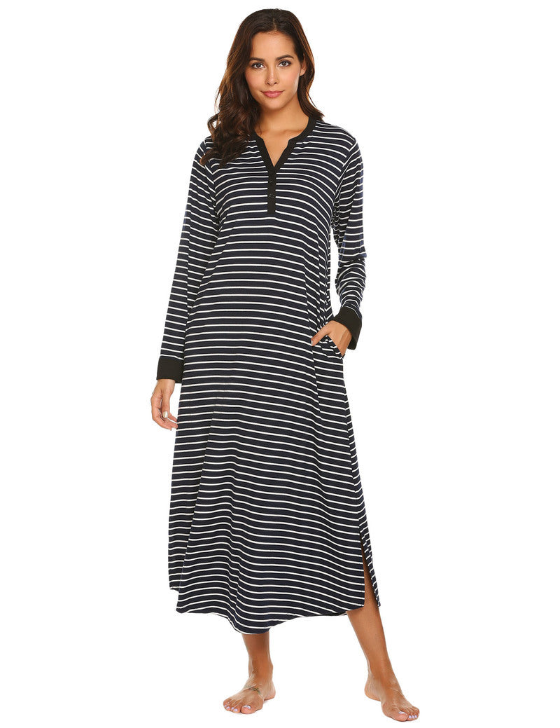 Button  v neck Full Length Sleepshirt Nightgown with Pockets