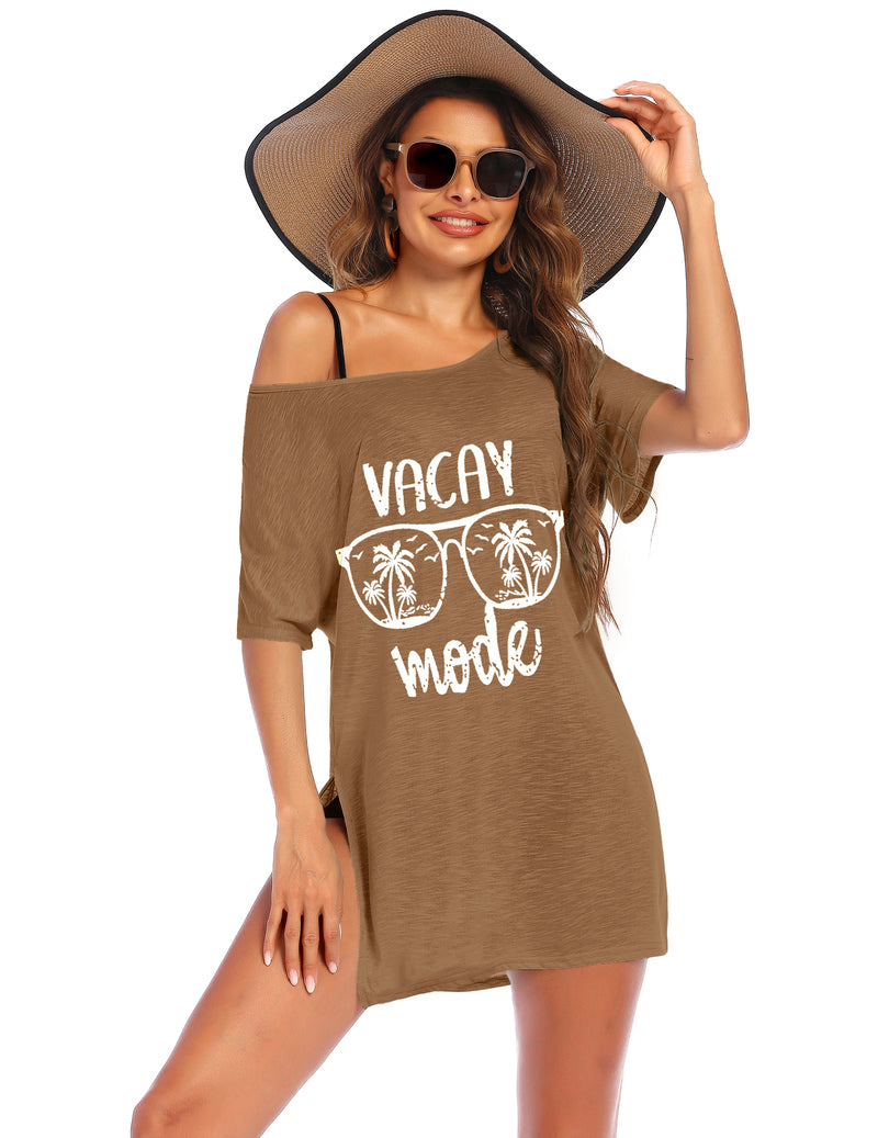Brown short-sleeve swimsuit cover-up dress with off-shoulder neckline and “VACAY mode” print.