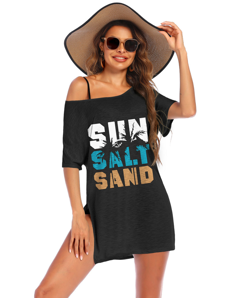 Black short sleeve swimsuit cover up dress with "SIN SAND" graphic front