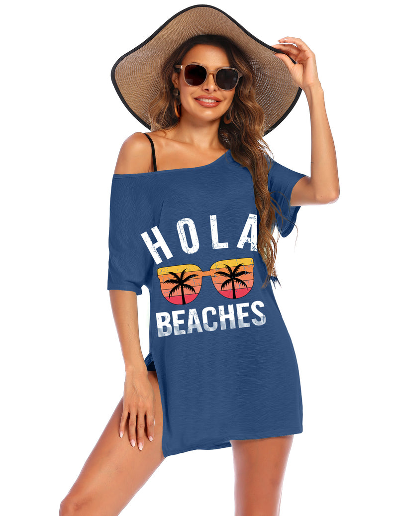 Blue short-sleeve cover-up dress with "HOLA BEACHES" print and off-shoulder neckline