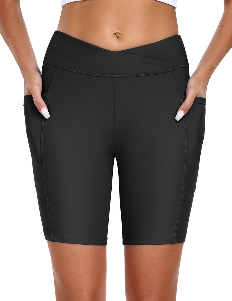 High waist board shorts with pockets in black, mid-thigh length