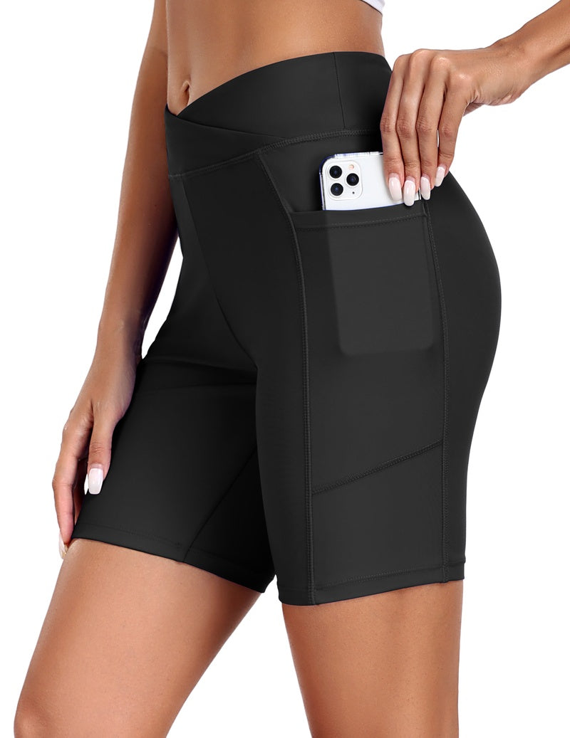 High waist board shorts with pockets in black, side pocket and phone slot