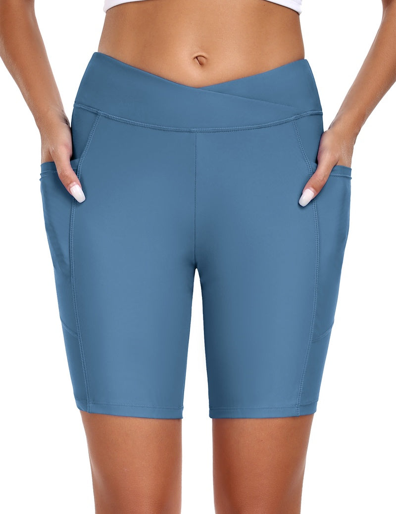 High waist board shorts with pockets in light blue, mid-thigh length