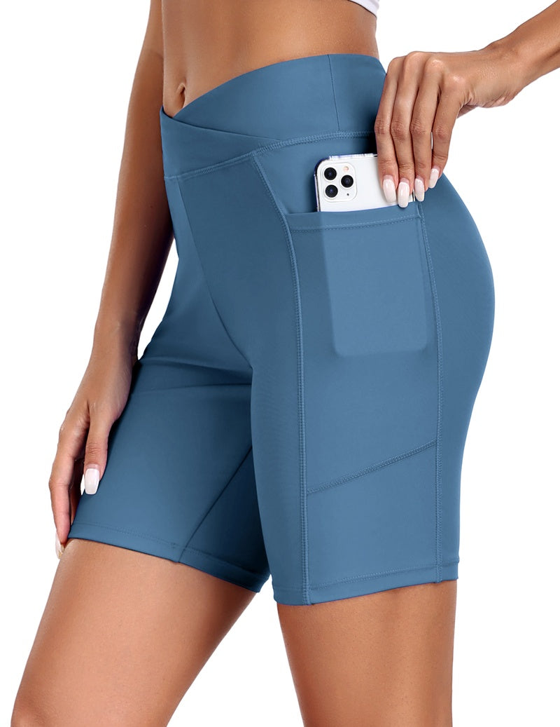 High waist board shorts with pockets in light blue, side pocket detail