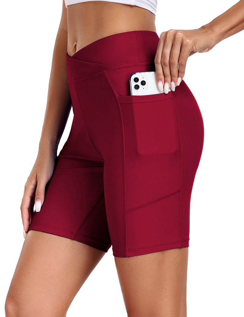 Wine red high-waist board shorts with side pockets and phone pocket