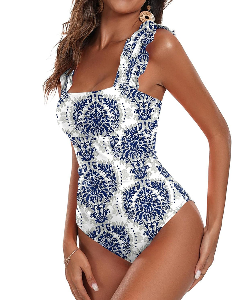 Ekouaer Square Neck One Piece Tummy Control Swimsuit