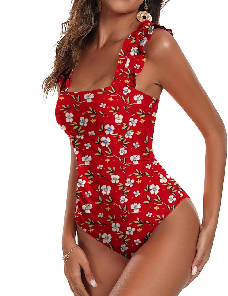 Ekouaer Square Neck One Piece Tummy Control Swimsuit