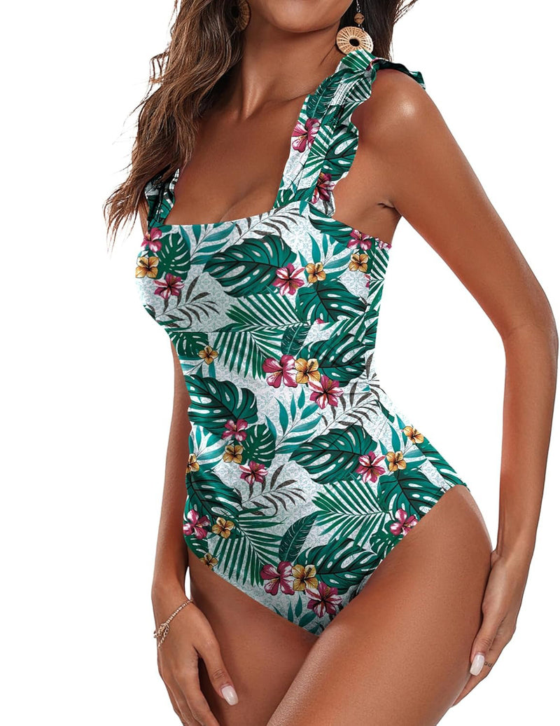 Ekouaer Square Neck One Piece Tummy Control Swimsuit