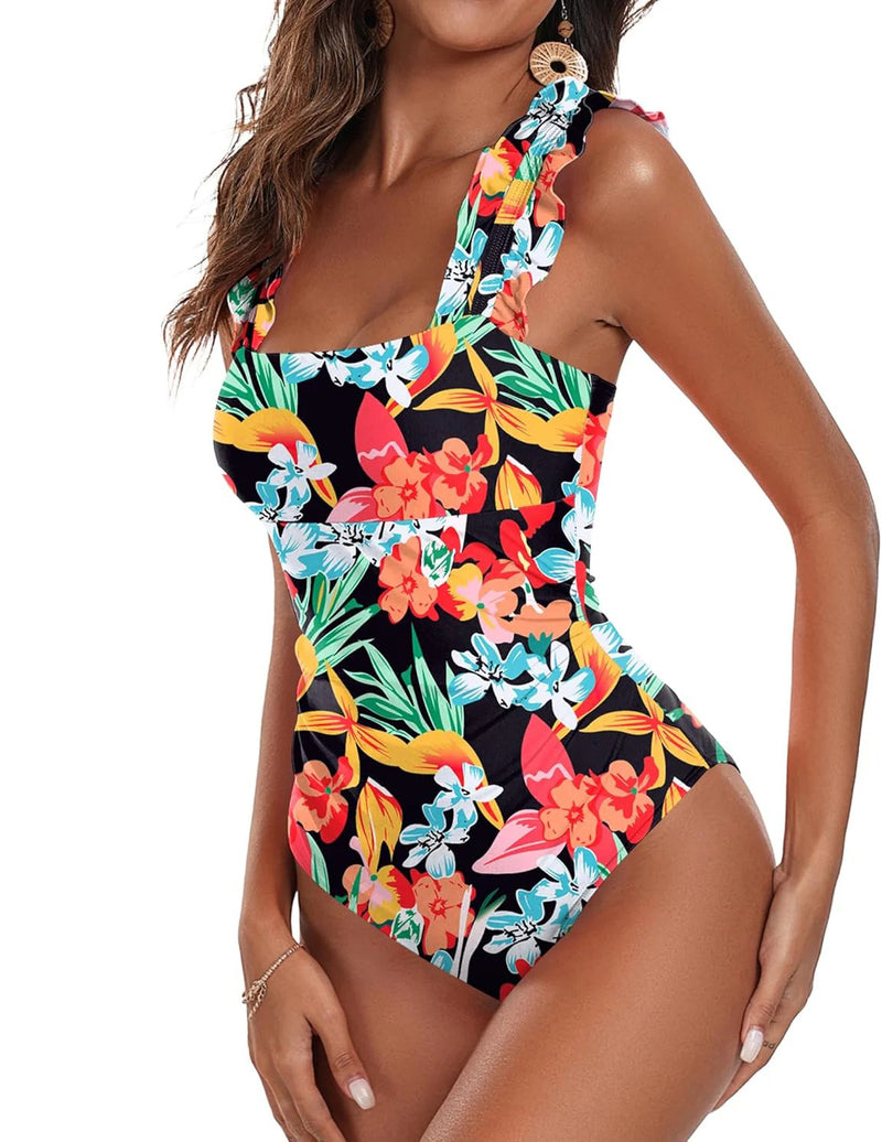 Ekouaer Square Neck One Piece Tummy Control Swimsuit