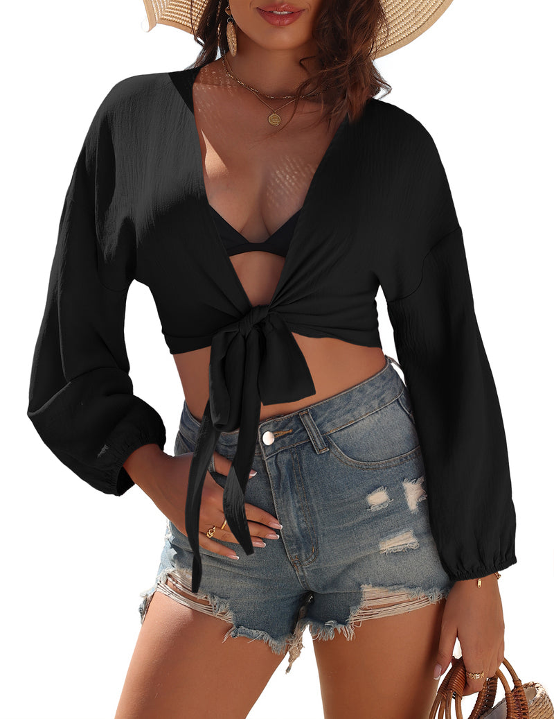 Ekouaer tie-front kimono swimsuit cover up, black, long sleeves, V-neck tie front