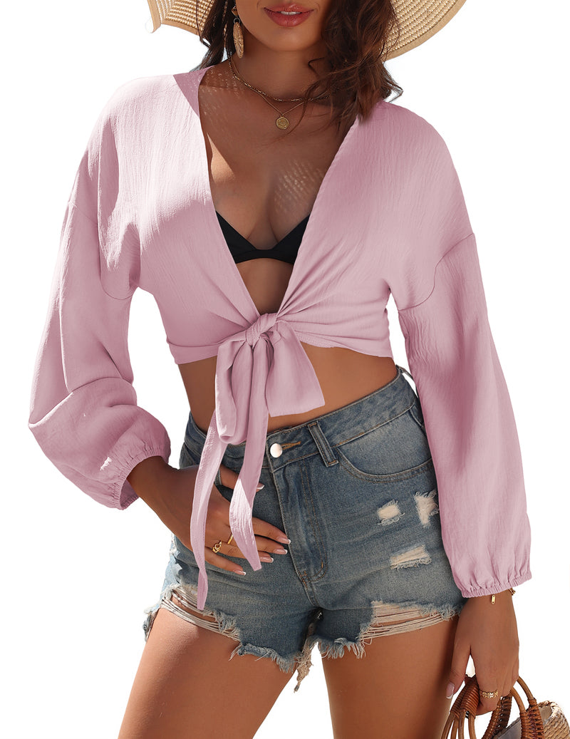 Ekouaer tie-front kimono swimsuit cover up, light pink, long sleeves, V-neck tie