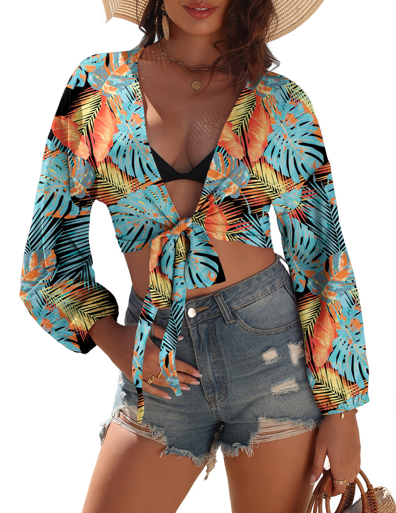 Ekouaer tie-front kimono swimsuit cover up, colorful leaf print, long sleeves, V-neck tie