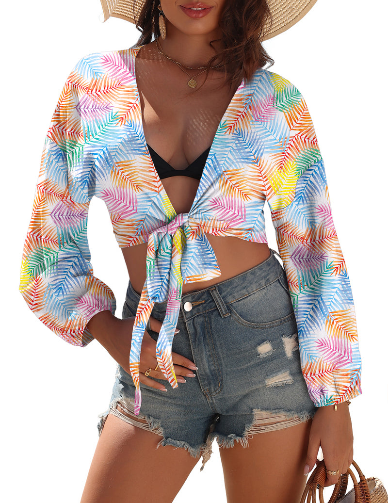 Tie-front kimono swimsuit cover up with multicolor abstract print, long puff sleeves