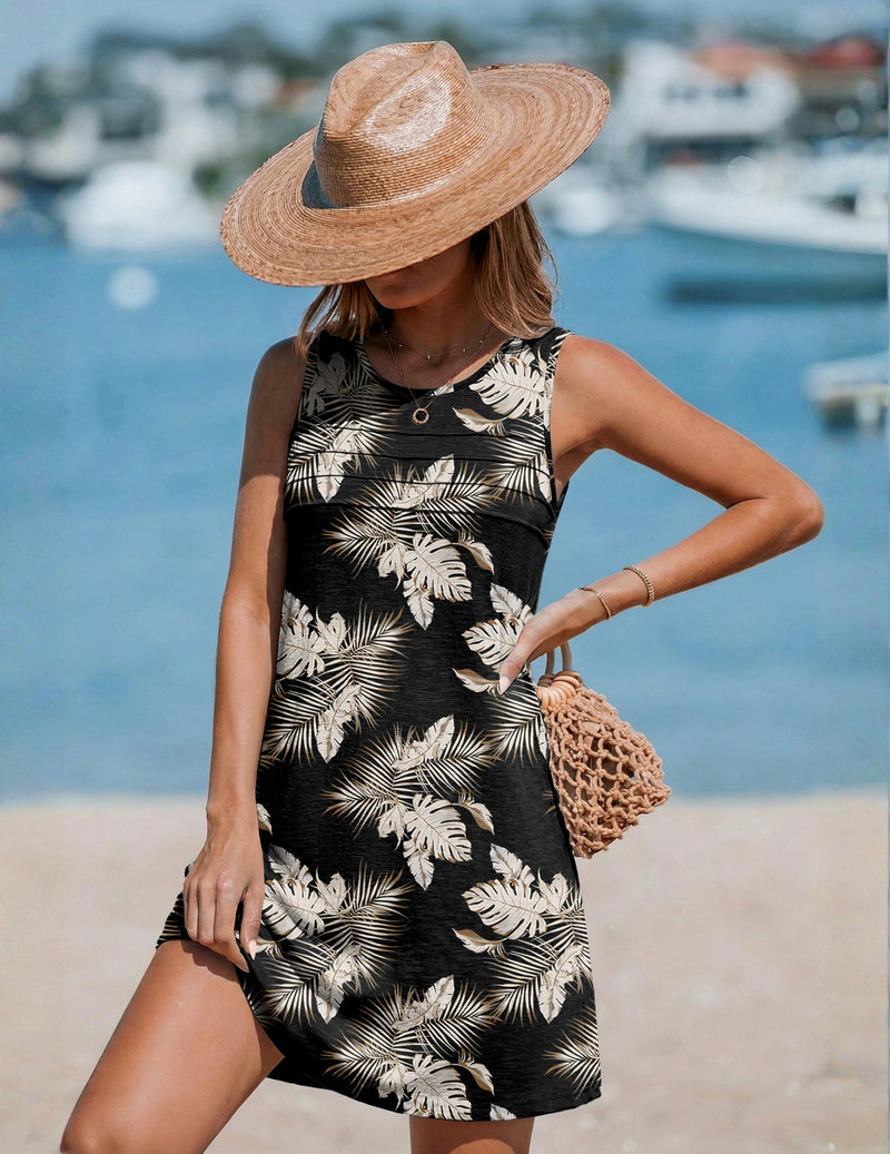 Pleated Front Bathing Suit Coverups Casual Tank Beach Dress