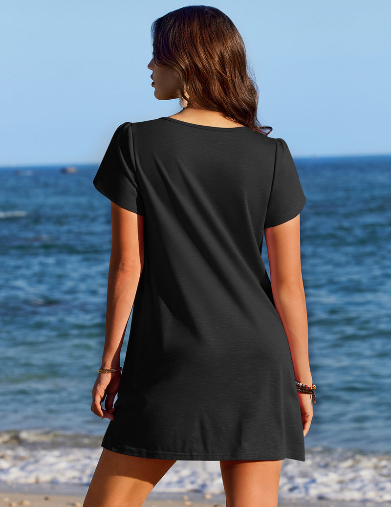 Black beach dress cover-up with short sleeves and scoop back cut