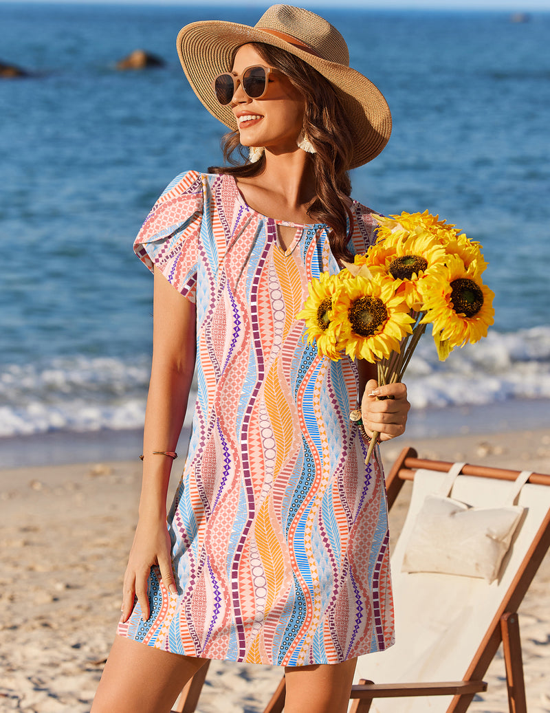 Petal sleeve swimsuit cover up dress, multicolor geometric print, keyhole neckline