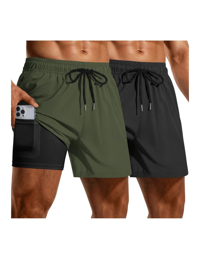2-pack quick-dry mesh liner board shorts in olive green and black, drawstring waist.