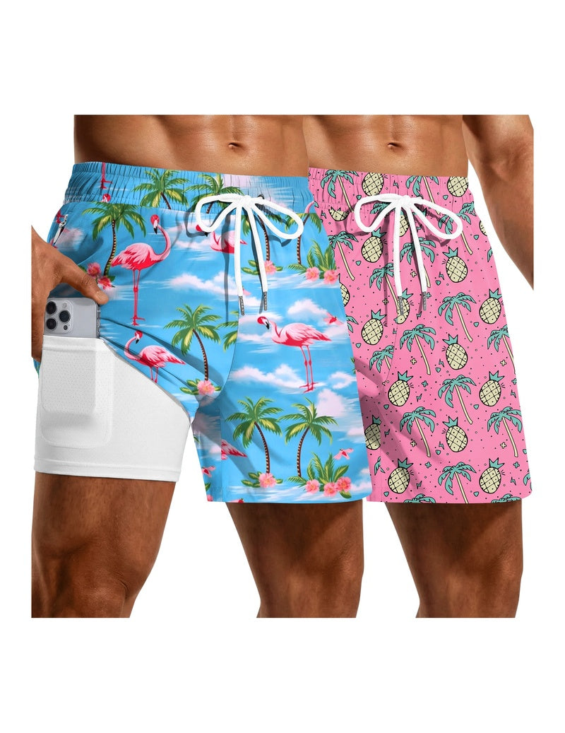2-pack quick-dry mesh liner board shorts in tropical flamingo and pink cactus prints, drawstring.