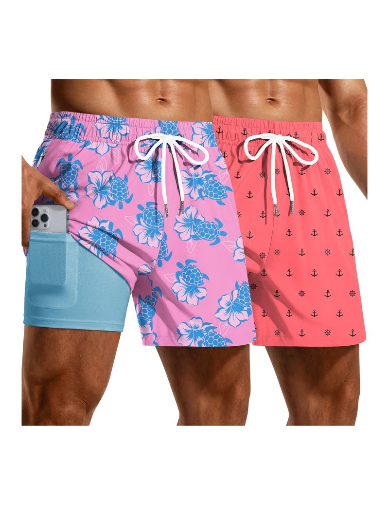 2-pack quick-dry mesh liner board shorts in purple floral and coral anchor prints, drawstring waist.