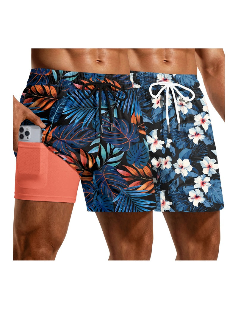 2-pack quick-dry mesh liner board shorts in navy tropical floral and orange accent, drawstring.
