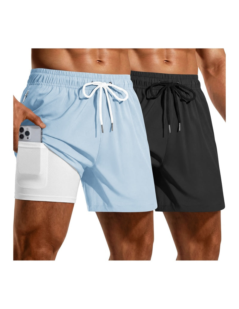 2-pack quick-dry mesh liner board shorts in light blue and black, drawstring waist.