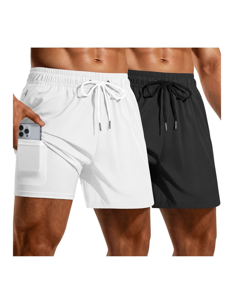 2-pack quick-dry mesh liner board shorts in white and black, drawstring waist.