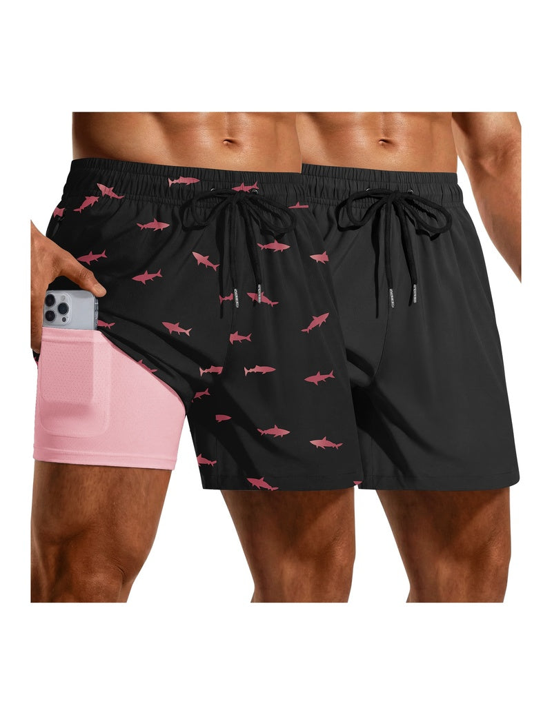 2-pack quick-dry mesh liner board shorts in black with red bird print and dark shorts, drawstring.