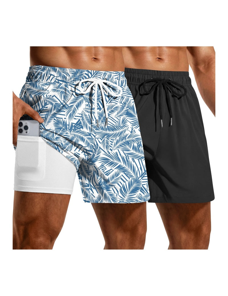 2-pack mesh liner board shorts with drawstring; left blue leaf print, right black zip pockets