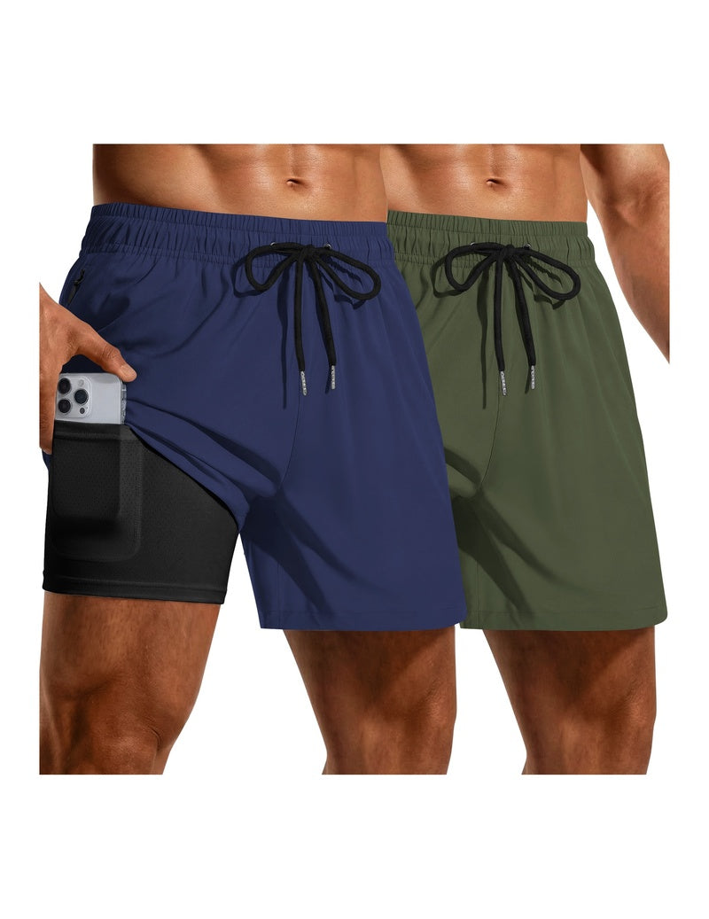 2-pack mesh liner board shorts with drawstring; navy and olive green zip pockets