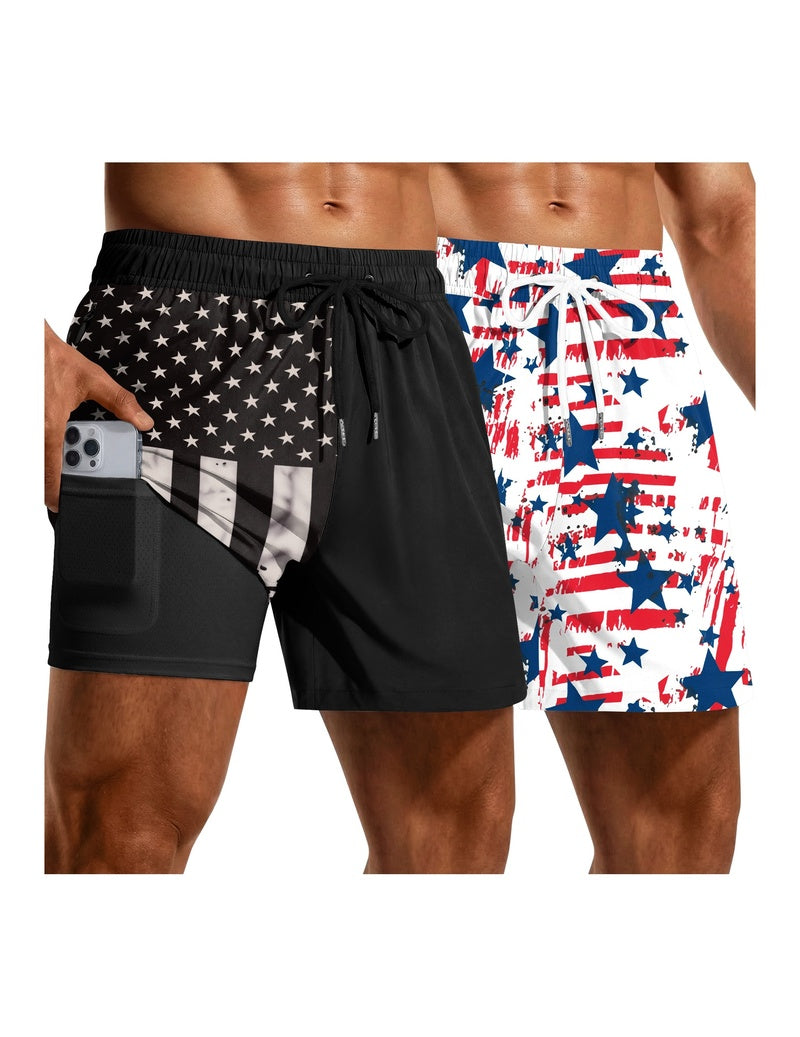 2-pack mesh liner board shorts with drawstring; black stars and patriotic zip pockets