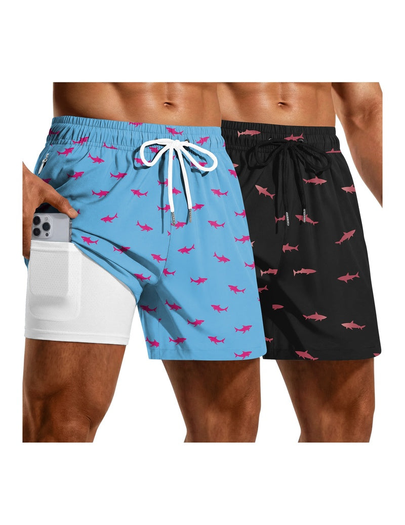 2-pack mesh liner board shorts with drawstring; blue shark print and black shark zip pockets