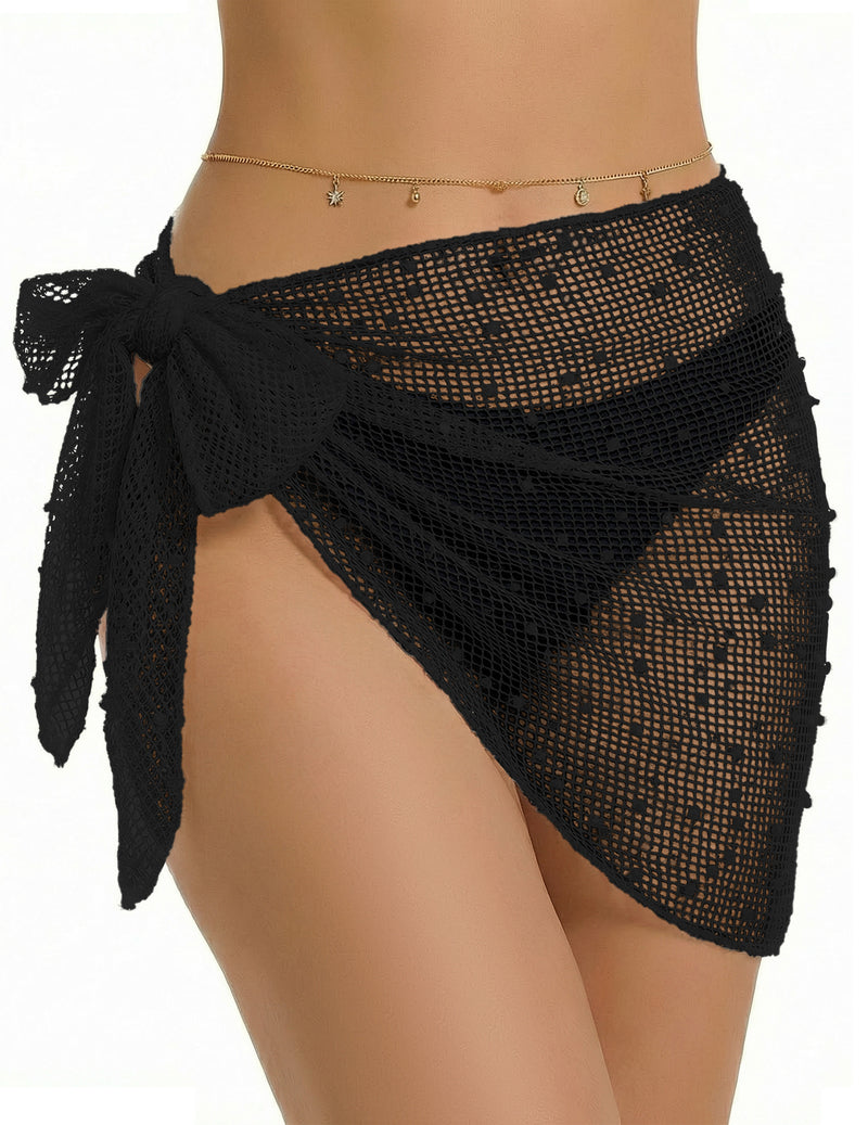 Crochet beach sarong wrap cover up, black with bow tie and net mesh skirt panel