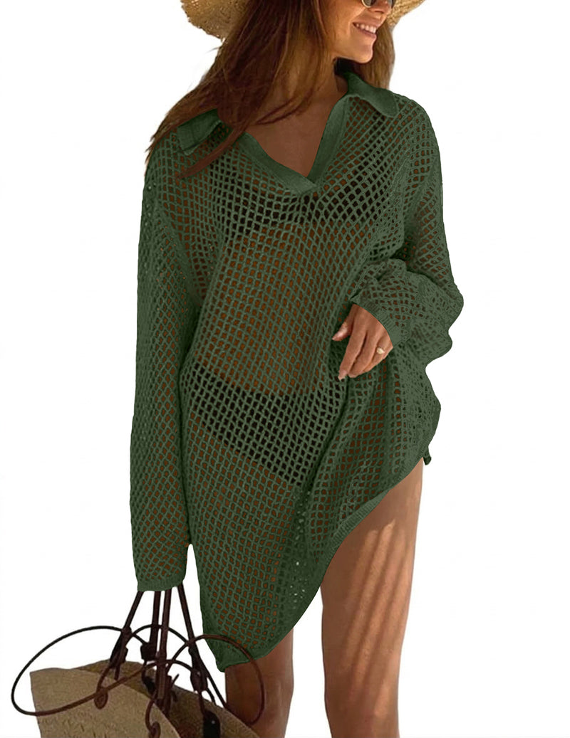 Crochet swim coverup sweater in deep teal-green, V-neck with long sleeves