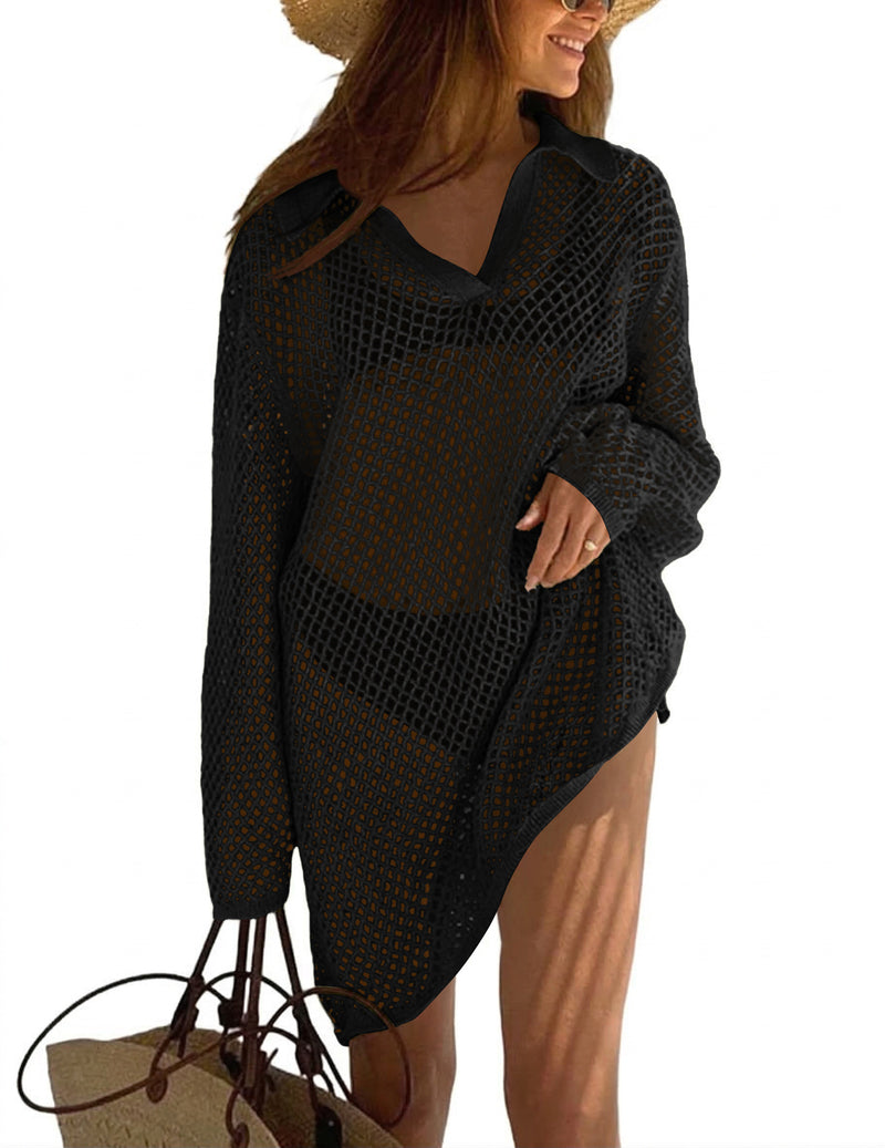 Crochet swim coverup sweater in dark charcoal, V-neck with long sleeves