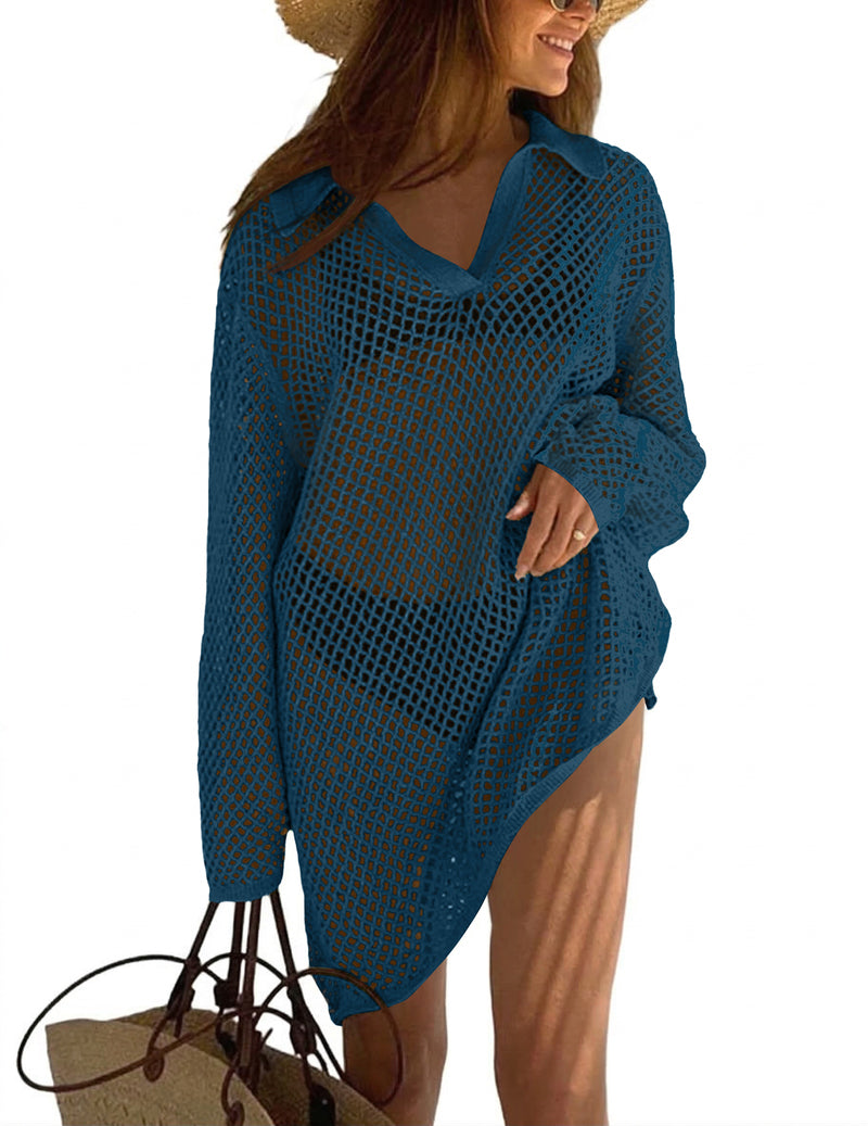 Crochet swim coverup sweater in medium blue, V-neck with long sleeves